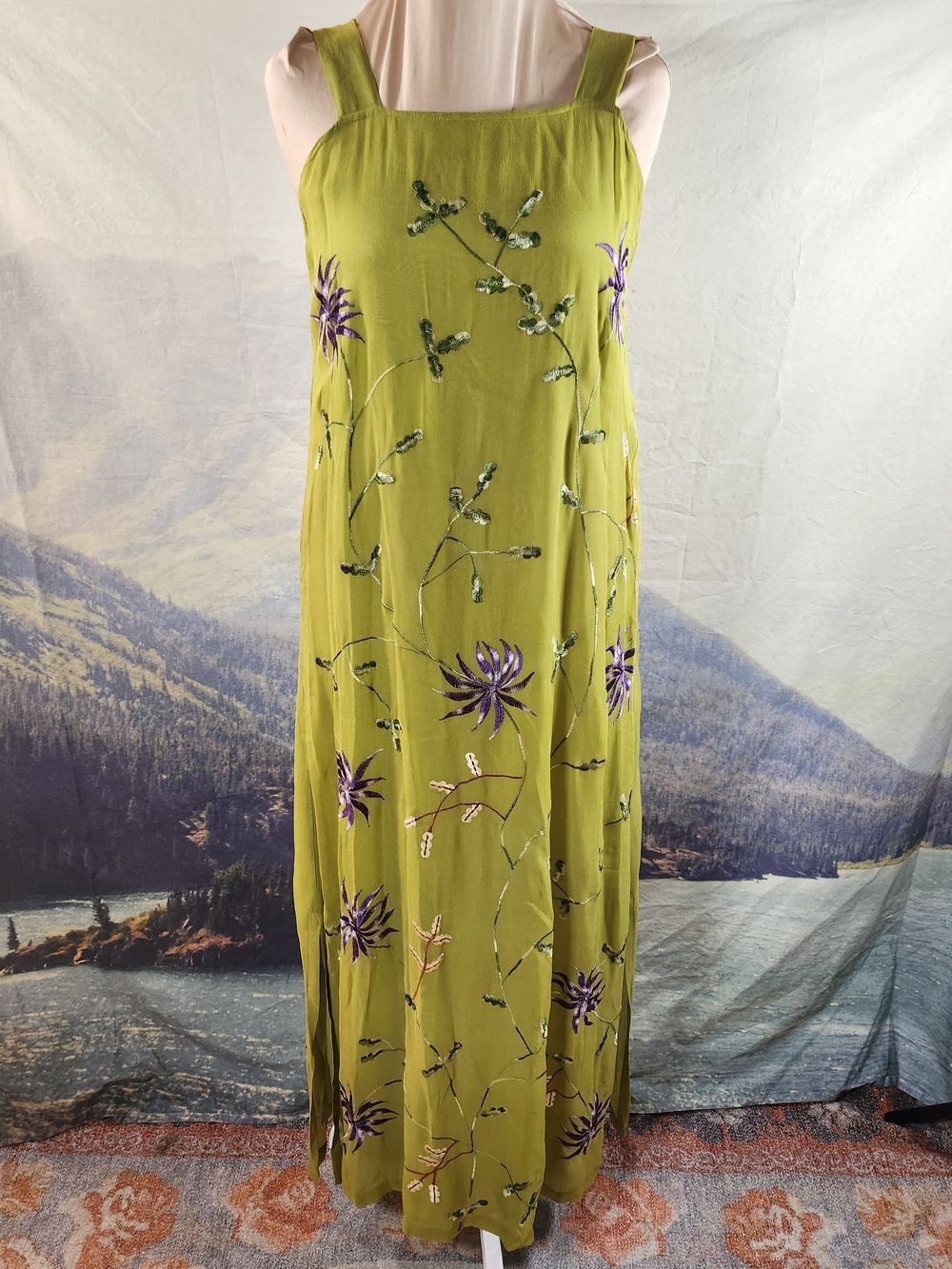 Grass Green Purple Flower Willow Embroidered Maxi Dress O/S L Large Fairy Witch